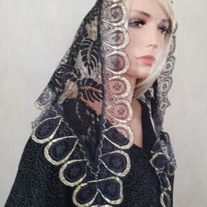 Black and Gold‎ Lace Palm Leaf Mantilla Chapel Veil Catholic Mass Holy Week